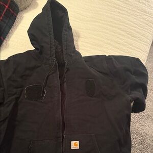 Carhartt black hooded jacket with loop Velcro sewn on for patches. Size XL TALL